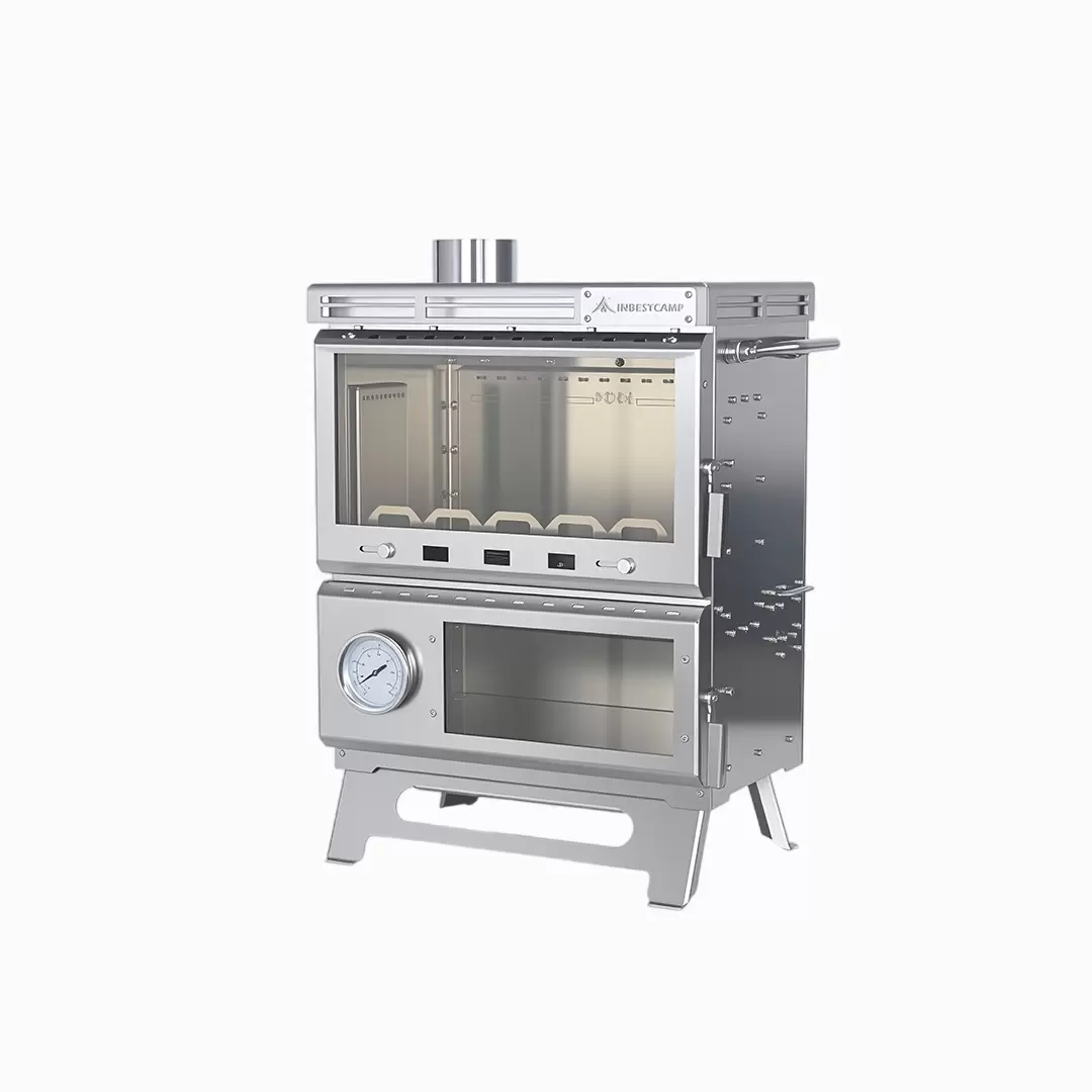 Estufa de camping multifuncional de acero inoxidable dise&ntilde;ada para cocinar al aire libre de forma modular.