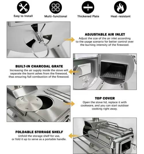Detalles del producto de la estufa caliente para tienda de campaña